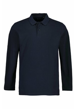 Polo a maniche lunghe blu navy con colletto, patta con tre bottoni e texture liscia. Design semplice senza motivi o accenti visibili.