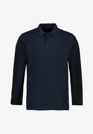 Granatowa koszula polo z długim rękawem, z kołnierzykiem, trzema guzikami i gładką fakturą. Prosty design bez widocznych wzorów czy akcentów.