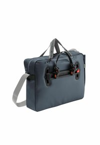 Dunkelblaue Tasche mit grauen Akzenten. Verfügt über ein strukturiertes rechteckiges Design, doppelte Oberhandgriffe, einen verstellbaren Schultergurt und Befestigungselemente.