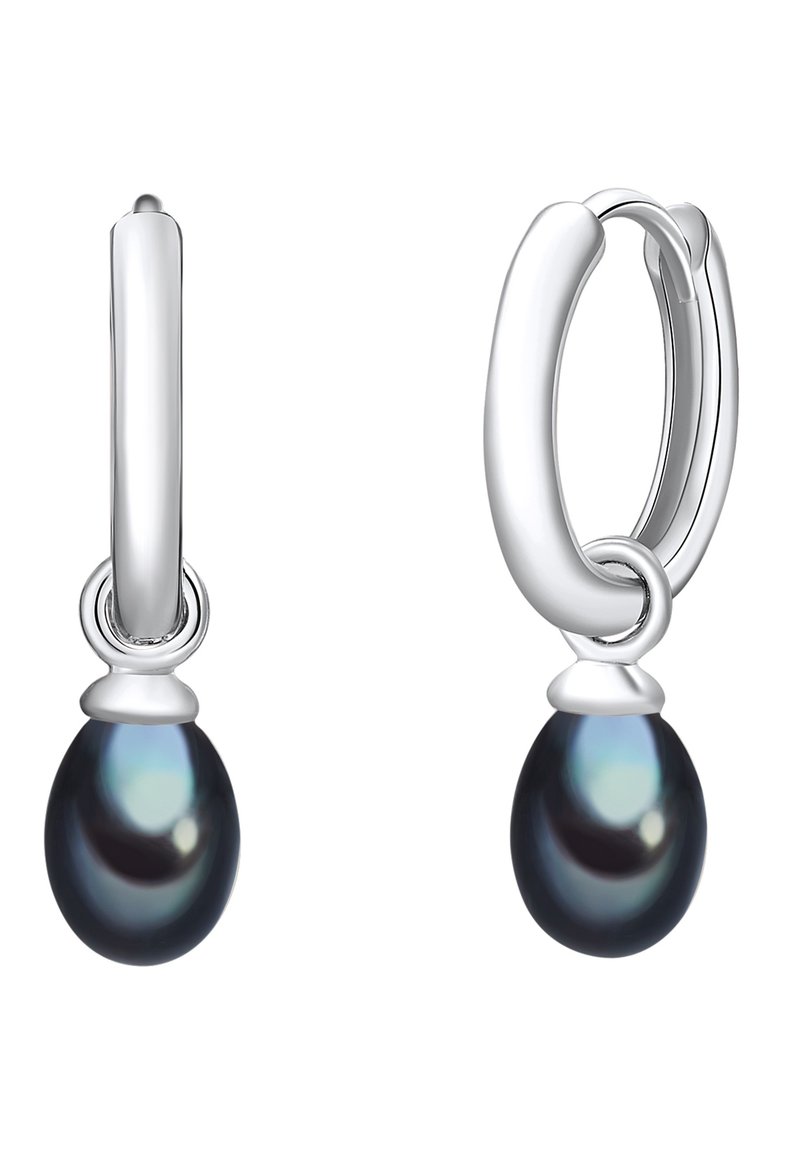 Srebrne obročeve uhane krasijo viseči dizajn s temnim, iridescentnim bisernim obeskom. Uhani imajo gladko površino in poliran teksturo.