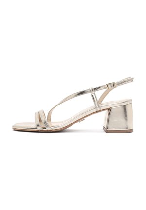 Metallic gold heeled sandals with a block heel, adjustable ankle strap, and multiple toe straps for secure fit. Smooth, shiny texture.