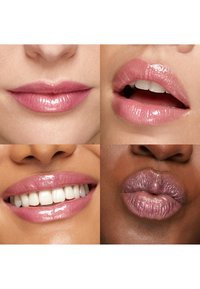Four close-ups of diverse lips wearing glossy pink lipstick, showing different expressions including smiling, closed, slightly open, and puckered lips.