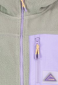 Chaqueta de polar en verde claro con un panel de color lila. Presenta un cierre central, un bolsillo lateral con cremallera y un parche de marca. Textura suave.