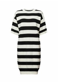Robe à manches courtes rayée horizontalement noir et blanc, avec un col rond et un ourlet à hauteur des genoux.