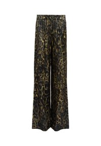 Pantalon à jambes larges avec un imprimé léopard noir et marron et une taille élastique.