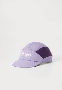 Light purple running cap made of breathable mesh with a darker purple accent; features a front logo, wide brim, and structured design.
