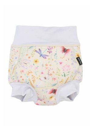 Chiloti de antrenament din bumbac cu bază bej deschis, cu modele colorate de flori și fluturi, și talie elastică albă.