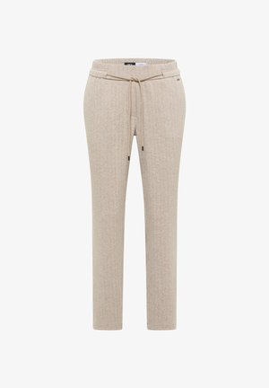 Beige tapered broek met een trekkoord in de taille en een subtiel visgraatpatroon, voorzien van zijzakken en een gladde textuur.