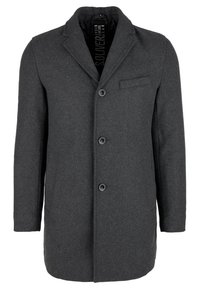 Cappotto grigio in lana con silhouette sartoriale, rever a punte, tre bottoni neri e una tasca sul petto. Texture liscia e design minimalista.