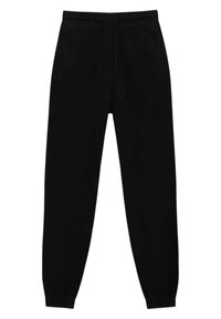 Pantalon de jogging noir fuselé avec poignets élastiques, taille à cordon et poches latérales, présenté à plat sur fond blanc.