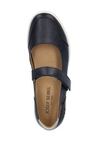 Granatowe skórzane buty z perforowanym wzorem, regulowanym paskiem i jasną podeszwą. Posiadają wyściełane wnętrze dla komfortu.