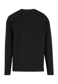 Langarm schwarzes T-Shirt, Rundhalsausschnitt, weiche Textur, normale Passform, schlichte Konstruktion ohne Muster oder Akzente.