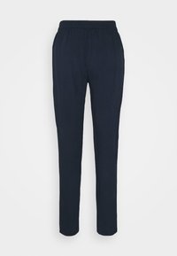 Marinblå elastiska byxor med rak bendesign. Tillverkade av mjukt tyg, utan mönster eller synlig hårdvara.