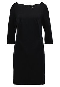 Černé šaty s přiléhavým střihem, tříčtvrtečními rukávy, širokým výstřihem a zadním zipem. Hladká látka s mírně matnou texturou.