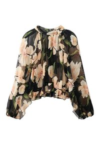 Blusa nera trasparente con grande motivo floreale in rosa e verde, maniche lunghe e fluenti, scollo arricciato e tessuto morbido e leggero.
