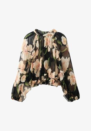 Czarna przezroczysta bluzka z dużym kwiatowym wzorem w różowym i zielonym kolorze, z długimi, zwiewnymi rękawami, zgromadzonym dekoltem oraz miękkim, lekkim materiałem.