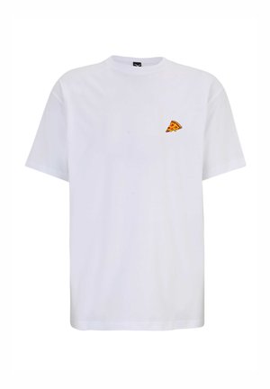 White cotton t-shirt with a relaxed fit, featuring a small embroidered pizza slice design on the left chest.
