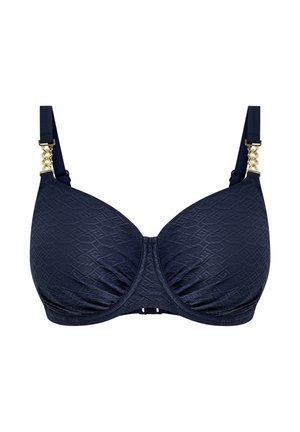 Marineblauwe beha met gestructureerde stof, beugelondersteuning en goudkleurige kettingaccenten op de bandjes. Heeft een haak-en-oogsluiting aan de achterkant.