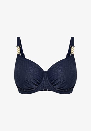 Marineblauwe beha met gestructureerde stof, beugelondersteuning en goudkleurige kettingaccenten op de bandjes. Heeft een haak-en-oogsluiting aan de achterkant.