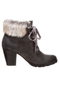 Graue Wildleder-Stiefelette mit einem Kunstfellkragen, Schnürverschluss und Blockabsatz. Verfügt über gestickte Details und eine robuste Gummisohle.