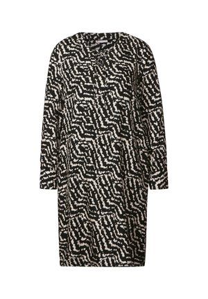 Mustikka ja kerma -värinen mekko, jossa on geometrinen kuvio, pyöreä kaula-aukko, pitkät hihat ja löysä malli. Kangas vaikuttaa sileältä ja kevyeltä.