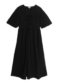 Schwarzes Kleid mit V-Ausschnitt, kurzen Ärmeln und lässiger Passform. Verfügt über einen Bindebandverschluss an der Front und besteht aus strukturiertem Stoff.