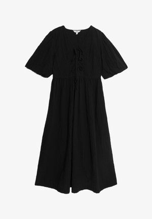 Robe noire avec un décolleté en V, des manches courtes et une coupe décontractée. Elle présente une fermeture à nouer à l'avant et est fabriquée en tissu texturé.