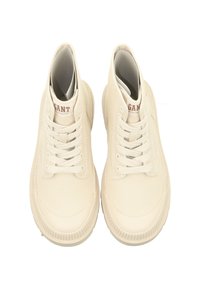 Beige high-top sneakers with a smooth fabric upper, round toe, white laces, and textured rubber sole. Features a logo on the tongue.