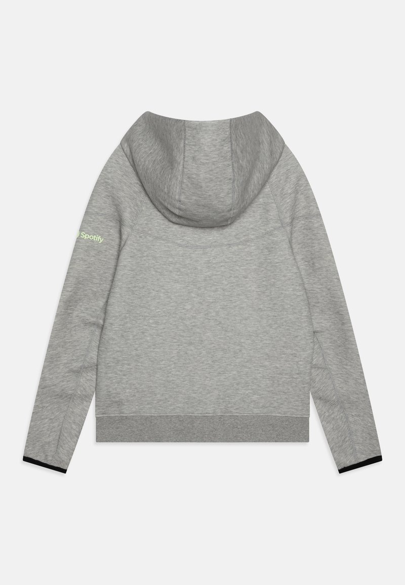 Sweat-shirt gris à capuche avec une coupe courte et des accents noirs. Présente un design de couture visible et un logo "Spotify" sur l'épaule gauche.