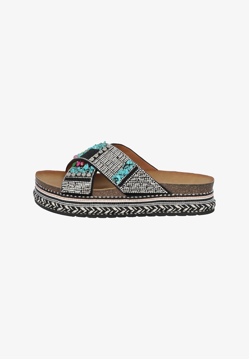 Zwarte teenslipper met twee gekruiste banden met kleurrijke kralenaccenten. Verhoogde kurken zool met geweven zwart-witte details.