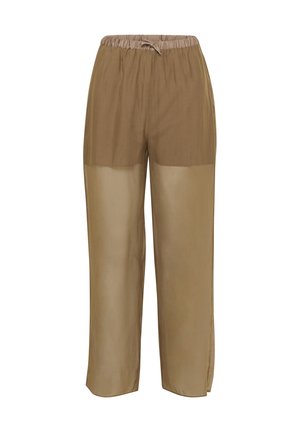 Pantaloni plisati, usoare, de culoare maronie, cu o secțiune inferioară transparentă, talie elastică și șnur reglabil. Croială relaxată.