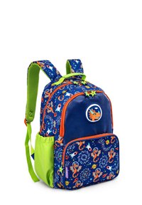 Blauer und grüner Kinder-Rucksack mit orangefarbenen Drachen- und Raketenmustern, Stern-Reißverschluss-Zippern und gepolsterten Schultergurten.