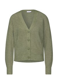 Grön kofta med V-ringning, fem knappar, ribbat mönster och vida ärmar. Lättviktsmaterial med en något lös passform.