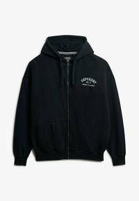 Sort hættejakke med lynlås lavet af blødt stof, der har en kengurupose, snoretræk til hætten og broderet "Superdry N.Y.C."-logo på brystet.