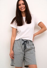 Striped navy and white shorts with a drawstring waist, featuring two side pockets. Paired with a plain white t-shirt.
