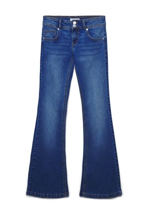 Jeans svasati in denim blu scuro, con chiusura a bottone, due tasche frontali e un effetto leggermente sbiadito con dettagli di cucitura.