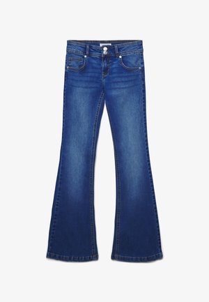 Jeans svasati in denim blu scuro, con chiusura a bottone, due tasche frontali e un effetto leggermente sbiadito con dettagli di cucitura.