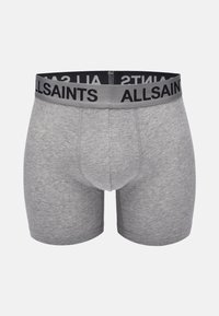 Grau farbene Stoff-Boxershorts mit einem schwarzen elastischen Bund, auf dem "ALLSAINTS" in weiß gedruckt ist. Glatte Textur, eng anliegendes Design.