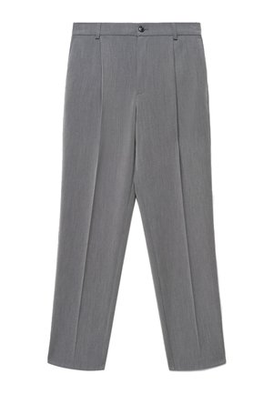 Pantaloni formali grigi su misura con piega anteriore, passanti per cintura e chiusura con bottone in vita, mostrati su sfondo bianco.
