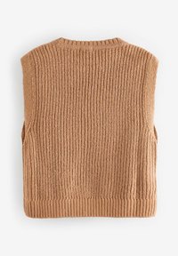 Maglione senza maniche in maglia marrone con costine verticali, scollo rotondo e una finitura solida e testurizzata. Nessun hardware o motivo visibile.