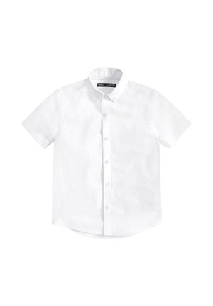White short-sleeve button-up shirt featuring a classic collar and a straight hem. Made of a smooth, lightweight fabric.