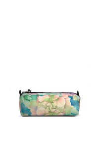 Bloemenetui in pastelkleuren met een rits. Heeft een print van grote bloemen tegen een lichte achtergrond, met een zwarte rits en accenten.