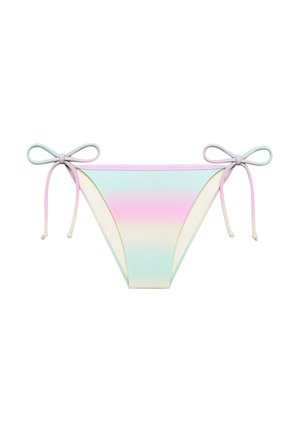 Parte inferior de bañador con un degradado de colores pastel: aqua, rosa y crema. Presenta tirantes con lazo y una textura de tela suave.