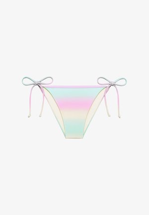Swimsuit bottom with gradient blend of pastel colors: aqua, pink, and cream. Features bow-tie straps and smooth fabric texture.