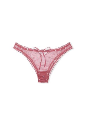 Sheer pink underwear with floral embroidery, lace edges, and a front bow tie detail. Adjustable sides for customizable fit.