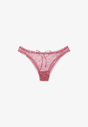 Sheer pink underwear with floral embroidery, lace edges, and a front bow tie detail. Adjustable sides for customizable fit.