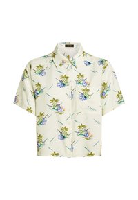 Koszula z krótkim rękawem zapinana na guziki, wykonana z lekkiego materiału, z jasnobeżowym tłem i tropikalnym wzorem z ananasów i muszli.