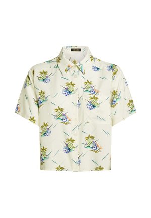 Koszula z krótkim rękawem zapinana na guziki, wykonana z lekkiego materiału, z jasnobeżowym tłem i tropikalnym wzorem z ananasów i muszli.