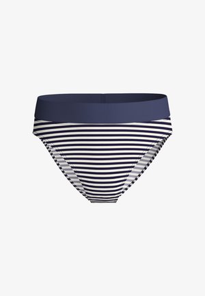 Bas de bikini à rayures horizontales bleu marine et blanc avec une large ceinture unie bleu marine, présenté sur un fond blanc.