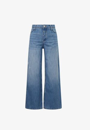 Blauwe denim jeans met hoge taille en wijde pijpen, voorzien van een knoopsluiting, voor- en achterzakken en subtiele vervaagde details.